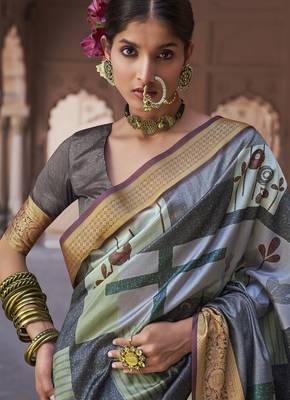 grey soft silk blend madhubani digital printed saree 2