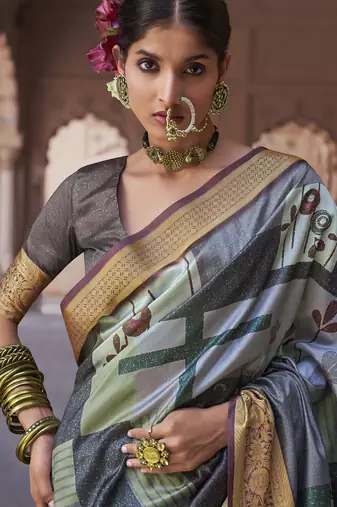 grey soft silk blend madhubani digital printed saree
