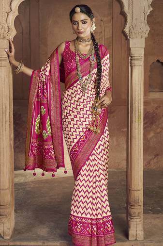 cream soft silk blend ikkat printed patola saree