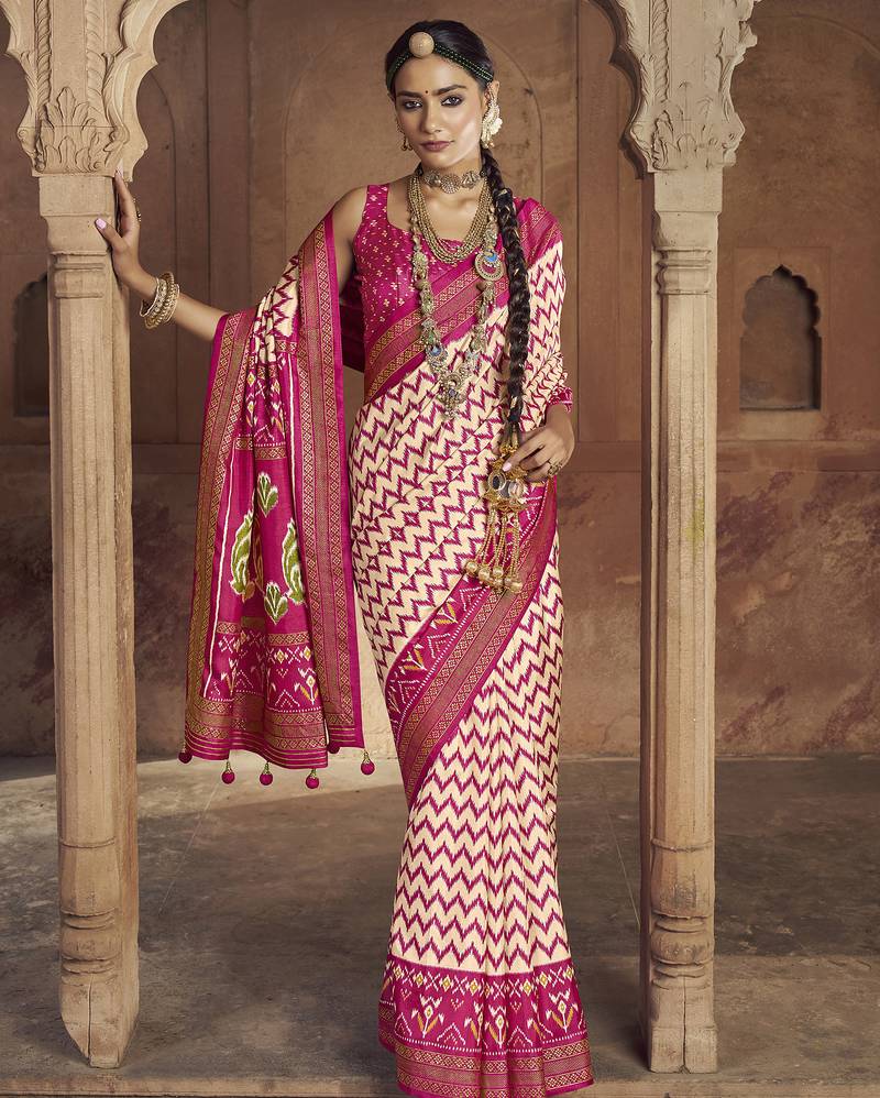 cream soft silk blend ikkat printed patola saree