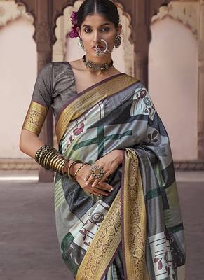 grey soft silk blend madhubani digital printed saree 3