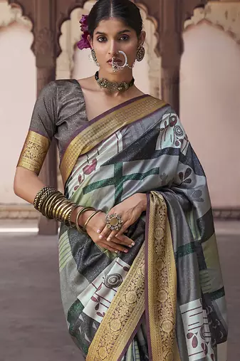 grey soft silk blend madhubani digital printed saree