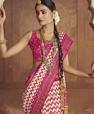 cream soft silk blend ikkat printed patola saree 2