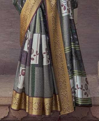 grey soft silk blend madhubani digital printed saree 4