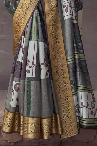 grey soft silk blend madhubani digital printed saree