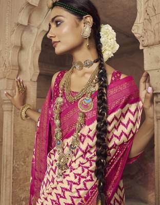 cream soft silk blend ikkat printed patola saree 3