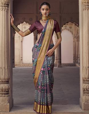 gery  soft silk blend madhubani digital printed saree 1