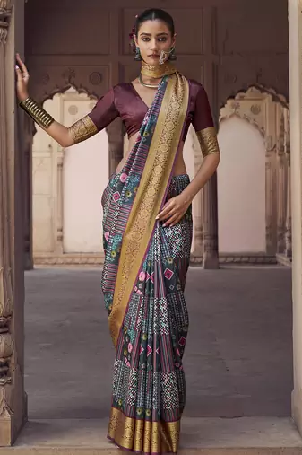 gery  soft silk blend madhubani digital printed saree