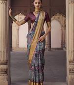 gery  soft silk blend madhubani digital printed saree