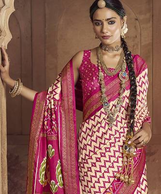 cream soft silk blend ikkat printed patola saree 4