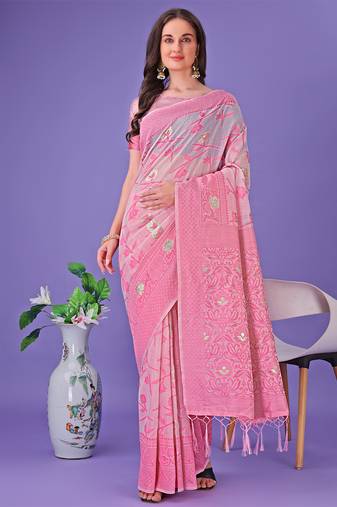 light pink color linen cotton woven saree with blouse
