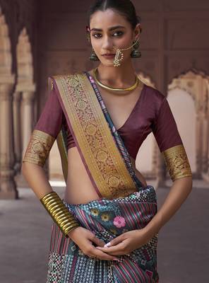 gery  soft silk blend madhubani digital printed saree 2