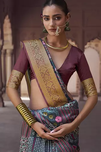 gery  soft silk blend madhubani digital printed saree
