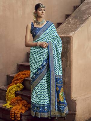 turquoise soft silk blend ikkat printed patola saree 1