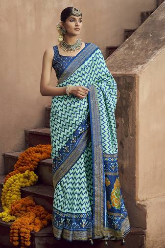 turquoise soft silk blend ikkat printed patola saree