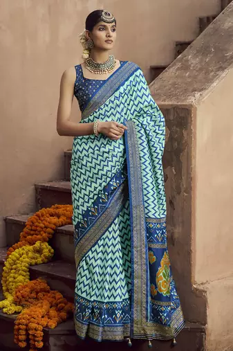 turquoise soft silk blend ikkat printed patola saree