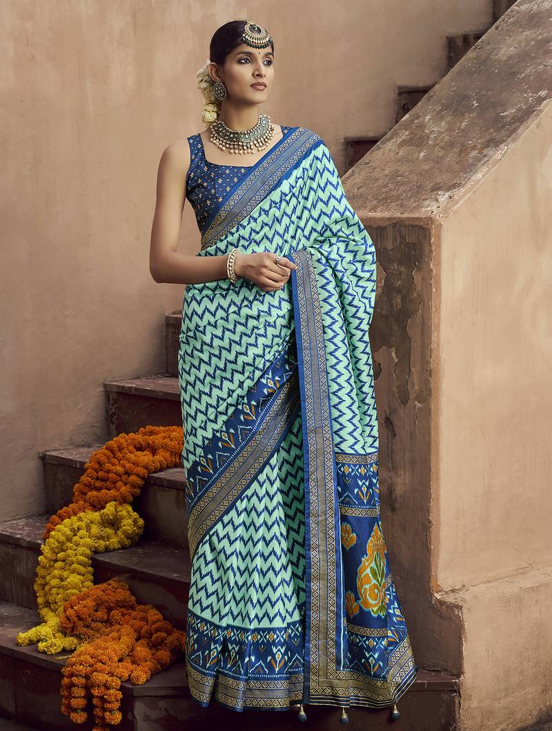 turquoise soft silk blend ikkat printed patola saree