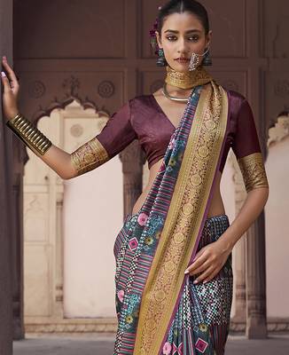 gery  soft silk blend madhubani digital printed saree 3