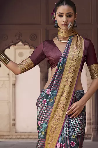 gery  soft silk blend madhubani digital printed saree
