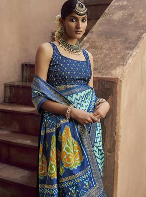 turquoise soft silk blend ikkat printed patola saree 2