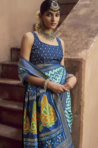 turquoise soft silk blend ikkat printed patola saree