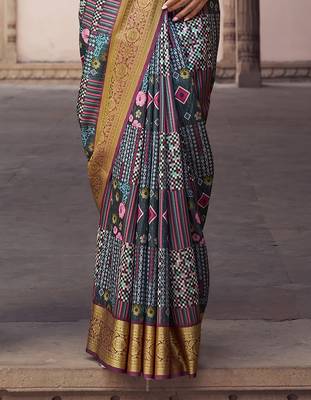 gery  soft silk blend madhubani digital printed saree 4