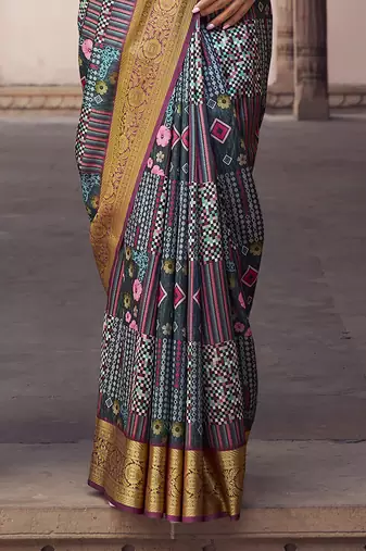 gery  soft silk blend madhubani digital printed saree