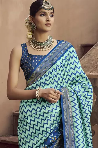 turquoise soft silk blend ikkat printed patola saree