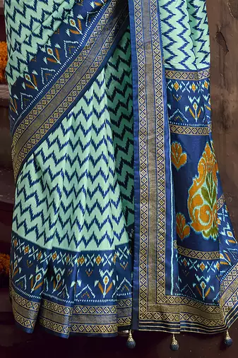 turquoise soft silk blend ikkat printed patola saree