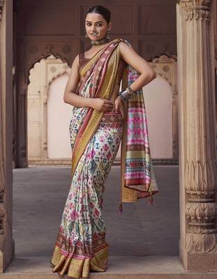off white  soft silk blend madhubani digital printed saree 1