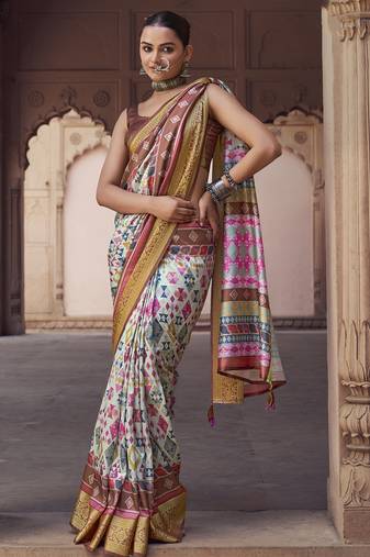 off white  soft silk blend madhubani digital printed saree