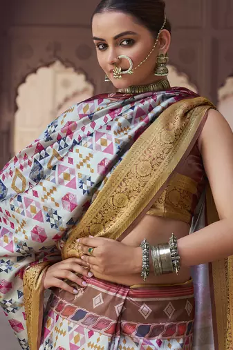 off white  soft silk blend madhubani digital printed saree
