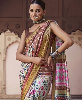 off white  soft silk blend madhubani digital printed saree 3
