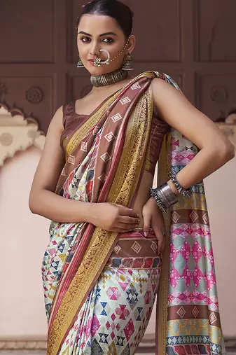 off white  soft silk blend madhubani digital printed saree