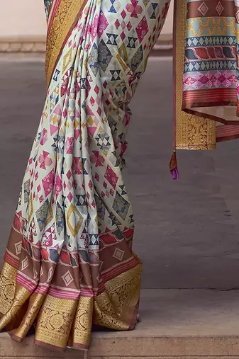 off white  soft silk blend madhubani digital printed saree