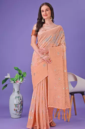 peach color linen cotton woven saree with blouse