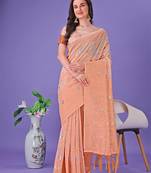 peach color linen cotton woven saree with blouse