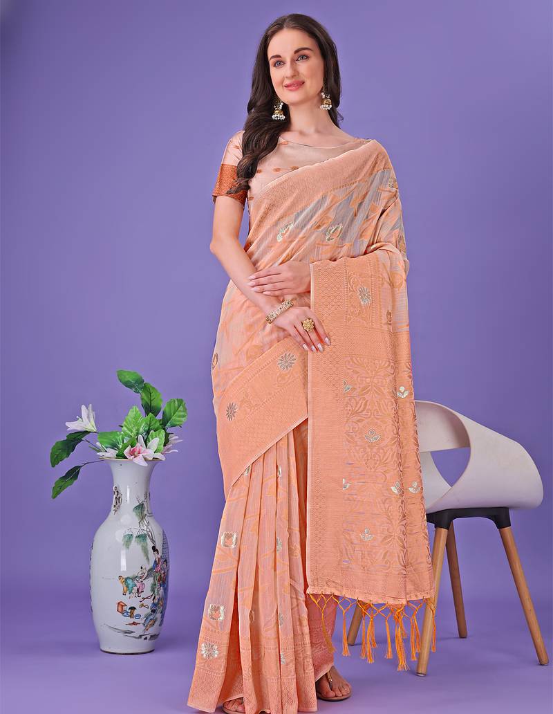 peach color linen cotton woven saree with blouse