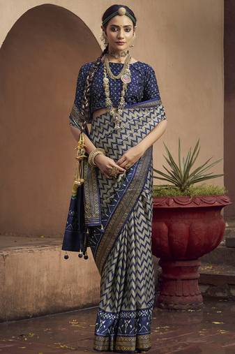 grey soft silk blend ikkat printed patola saree
