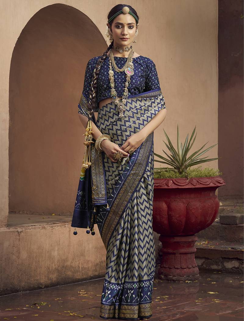 grey soft silk blend ikkat printed patola saree