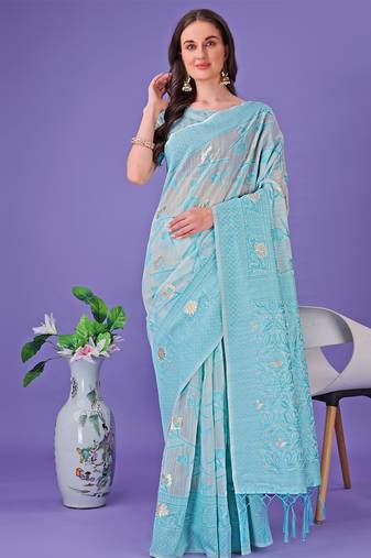 sky blue color linen cotton woven saree with blouse