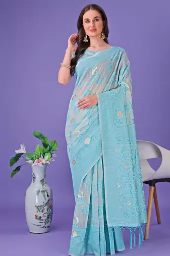 sky blue color linen cotton woven saree with blouse