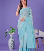 sky blue color linen cotton woven saree with blouse