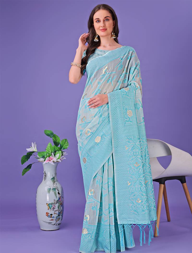 sky blue color linen cotton woven saree with blouse