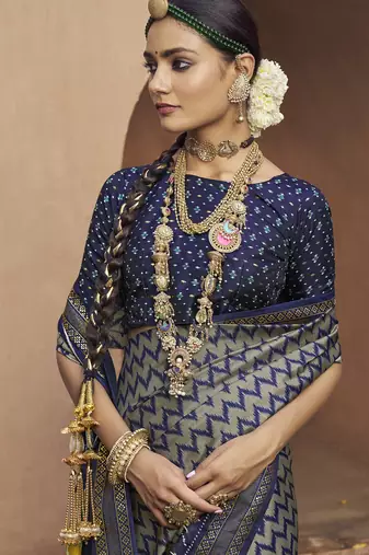 grey soft silk blend ikkat printed patola saree
