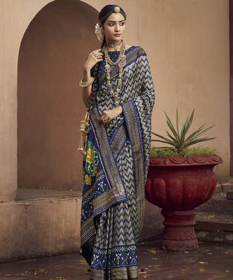 grey soft silk blend ikkat printed patola saree 4