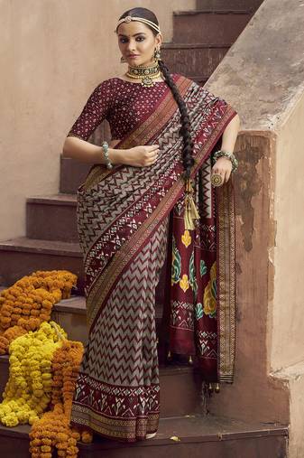 grey soft silk blend ikkat printed patola saree