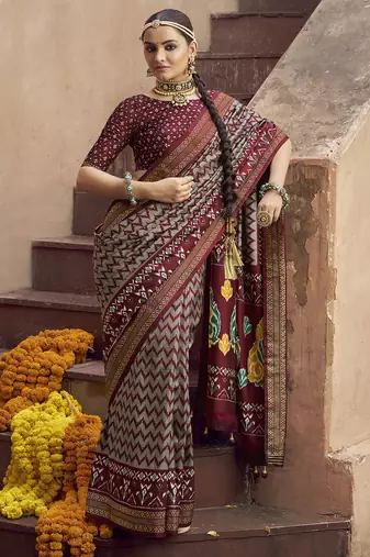 grey soft silk blend ikkat printed patola saree
