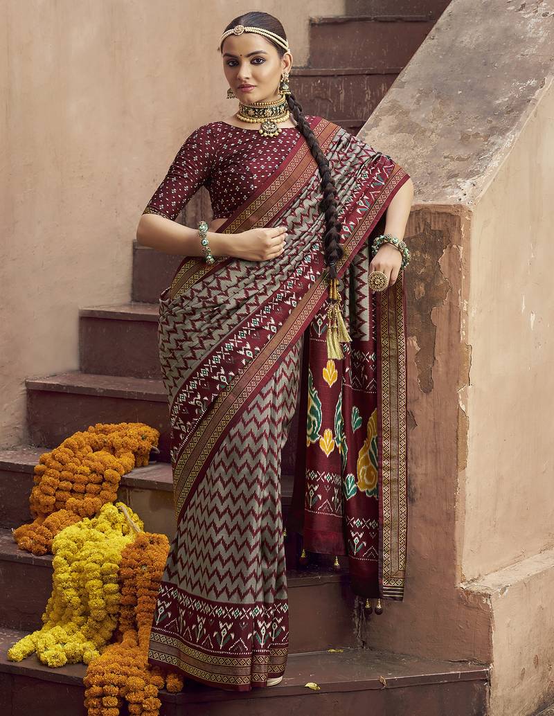 grey soft silk blend ikkat printed patola saree