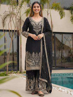 Black Embroidered Chinon Palazzo Suit 1